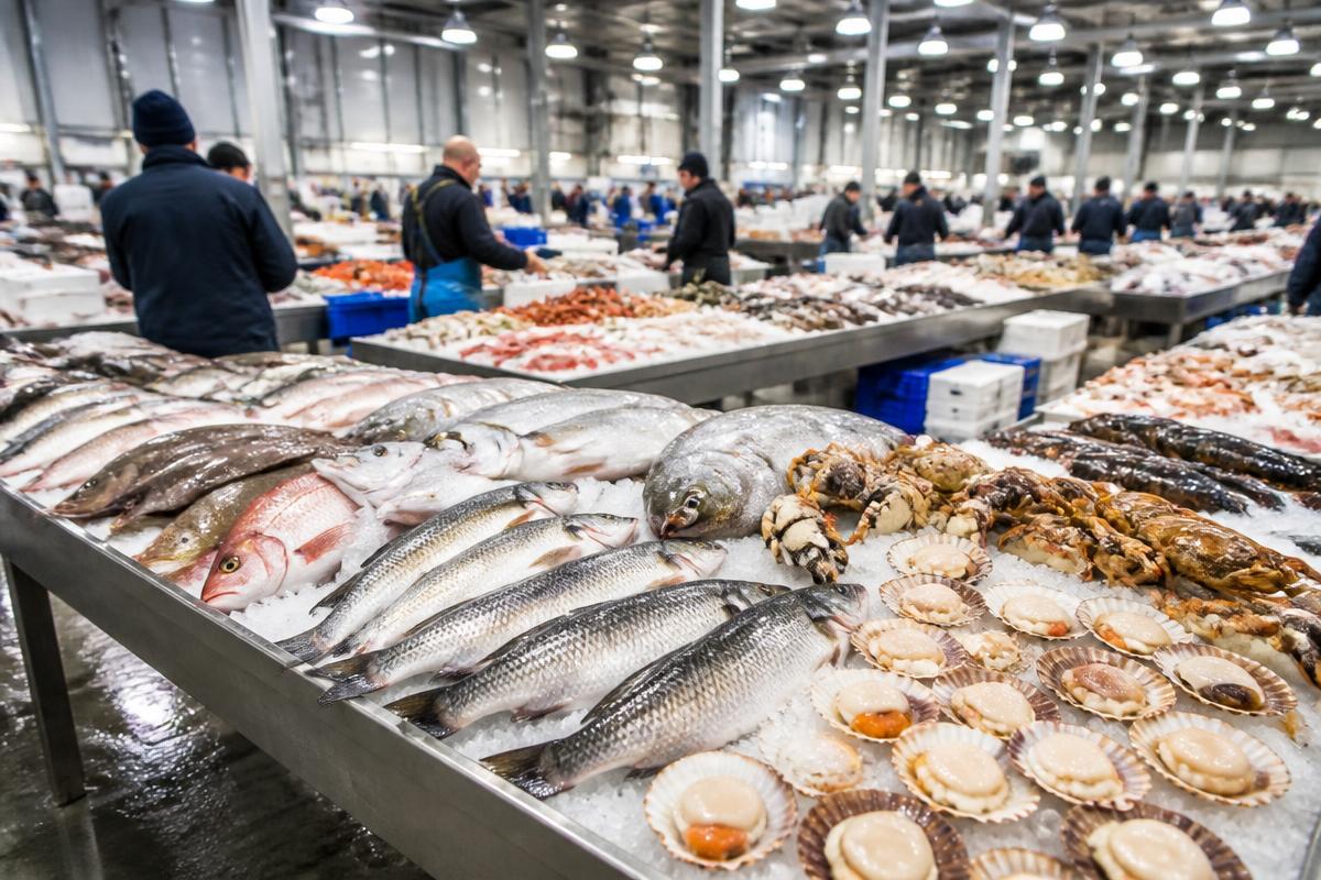 Fresh fish and seafood displayed on ice at a UK wholesale market