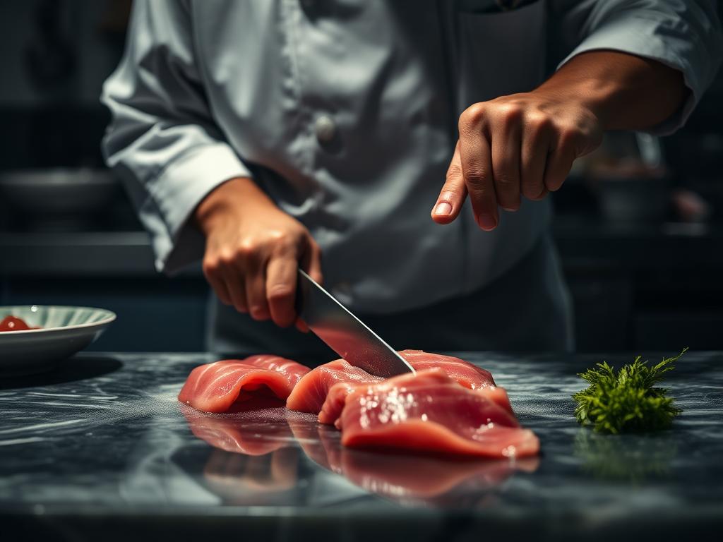 Sushi chef slicing tuna behind a counter