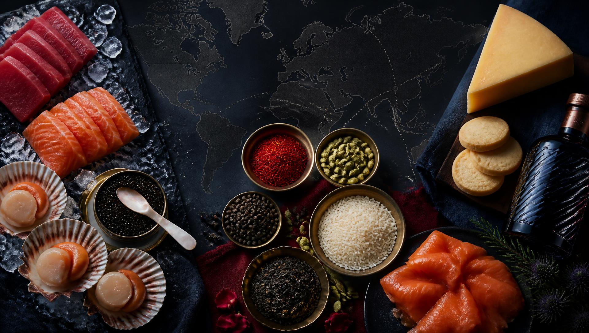 Premium Japanese seafood, caviar, Indian speciality ingredients and British fine foods over a world trade map