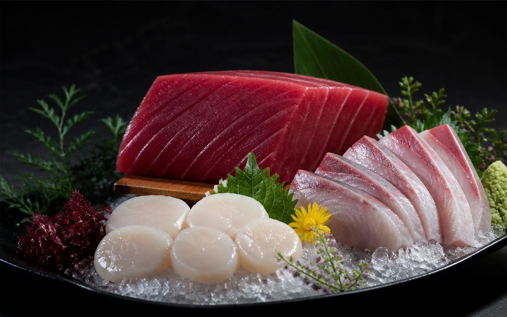 Bluefin tuna loin, hamachi slices and scallops on crushed ice